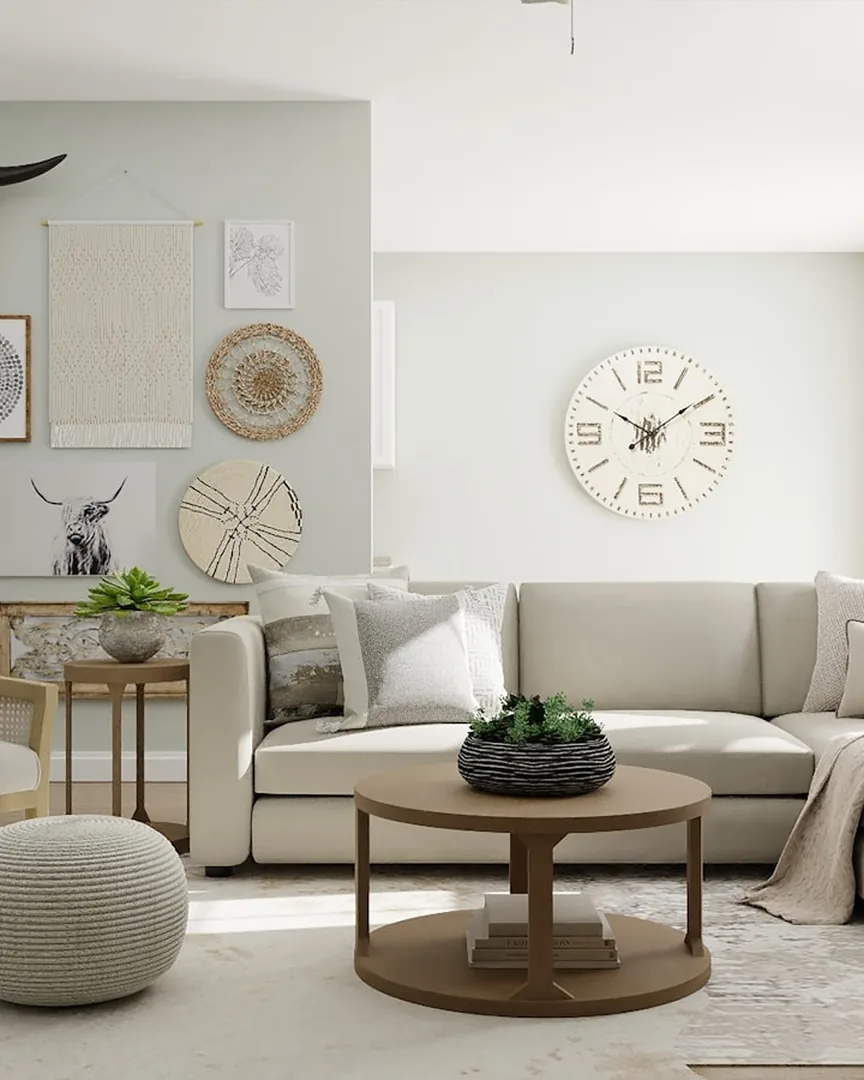 Calm family living room with layered furniture and storage