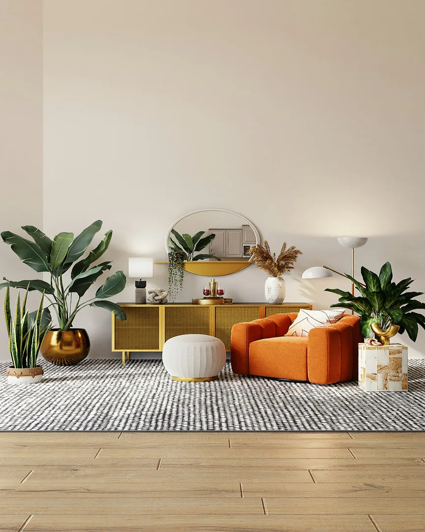 Biophilic interior with plants and layered green textures