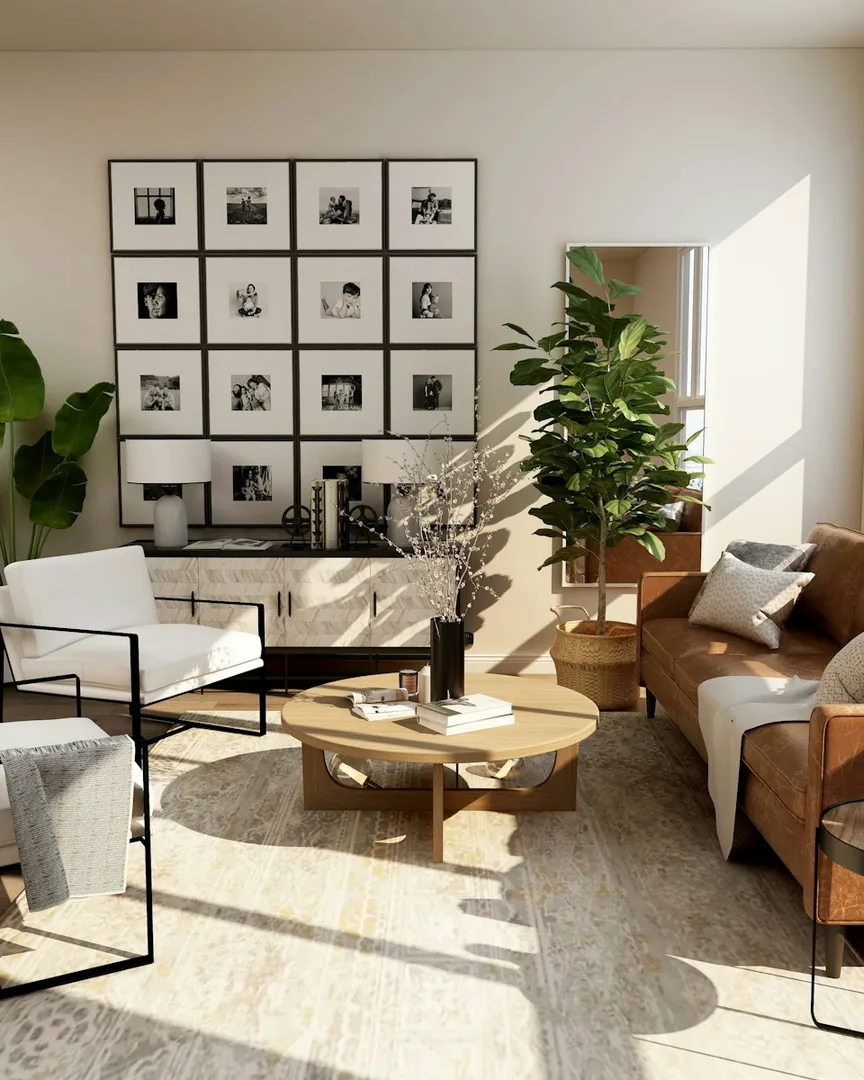 Warm minimalist living room with oak furniture and soft linen textures